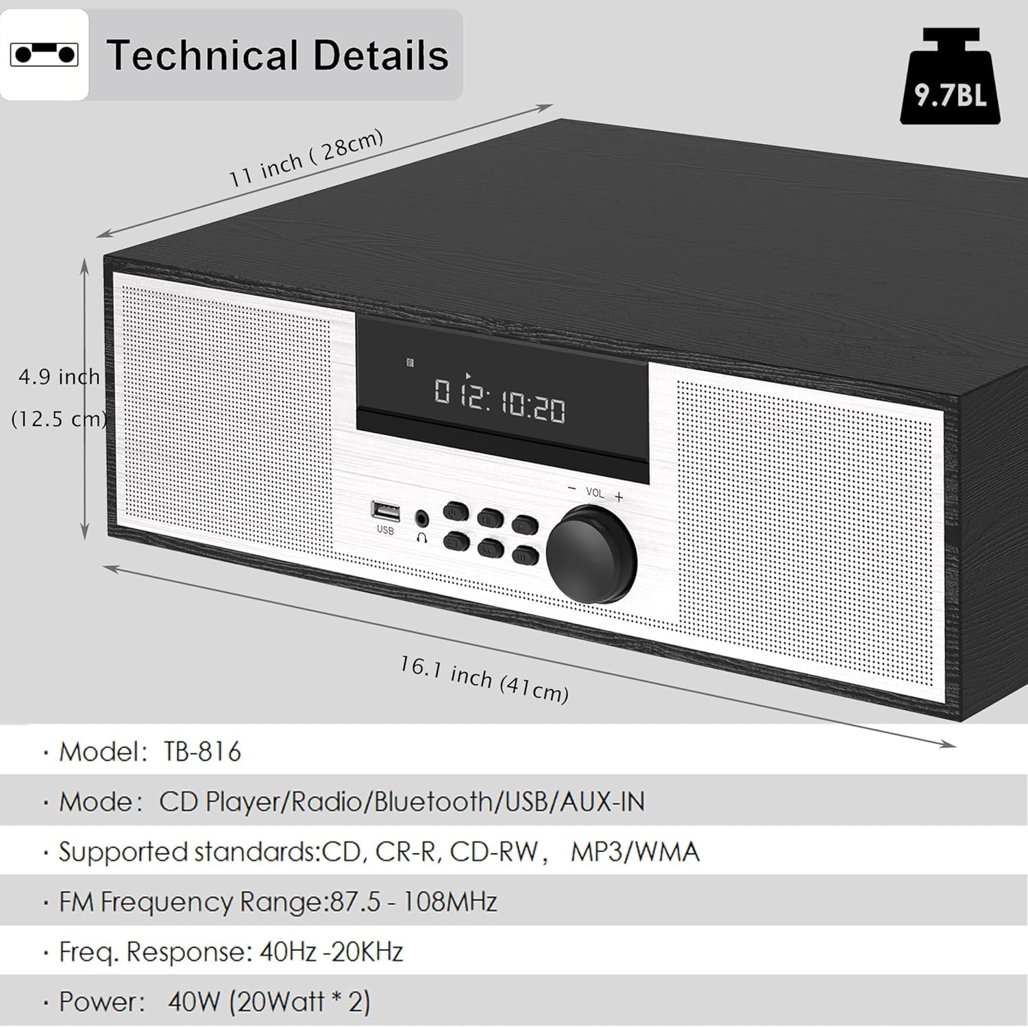 Vintage Style 40W RMS Micro Shelf Stereo System with CD Player, Bluetooth, USB Playback, FM Radio, AUX-Input, 2-Way Music Crisp-Sound, DSP-Tech
