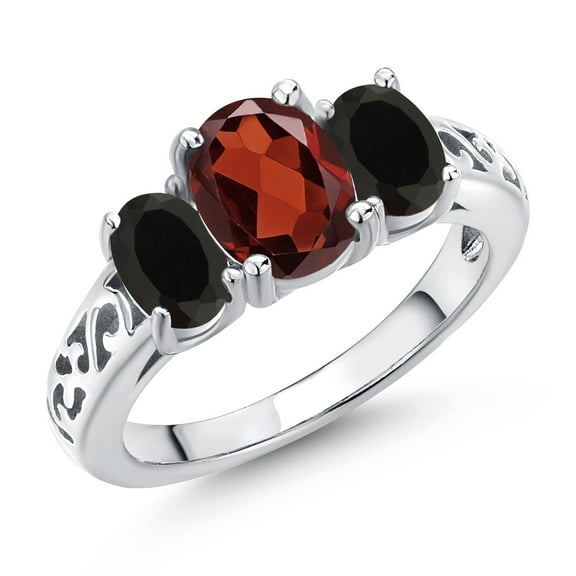 Gem Stone King 925 Sterling Silver Red Garnet and Black Onyx Filigree Style 3 Stone Ring for Women (2.30 Cttw, Oval 8X6MM and 6X4MM) (Size 7)