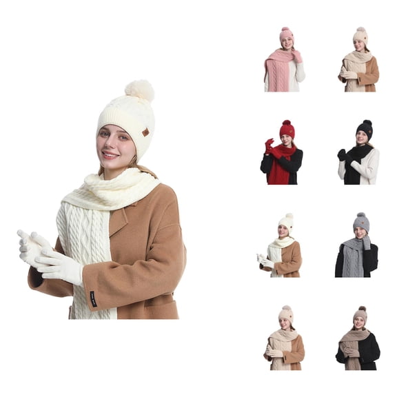 Women Knit Hat Scarf Gloves Set - Plush Beanie Neck Warmer Mittens Combo, Winter Warm Stocking Stuffers, Fashion Gifts For Girls Teen Girls