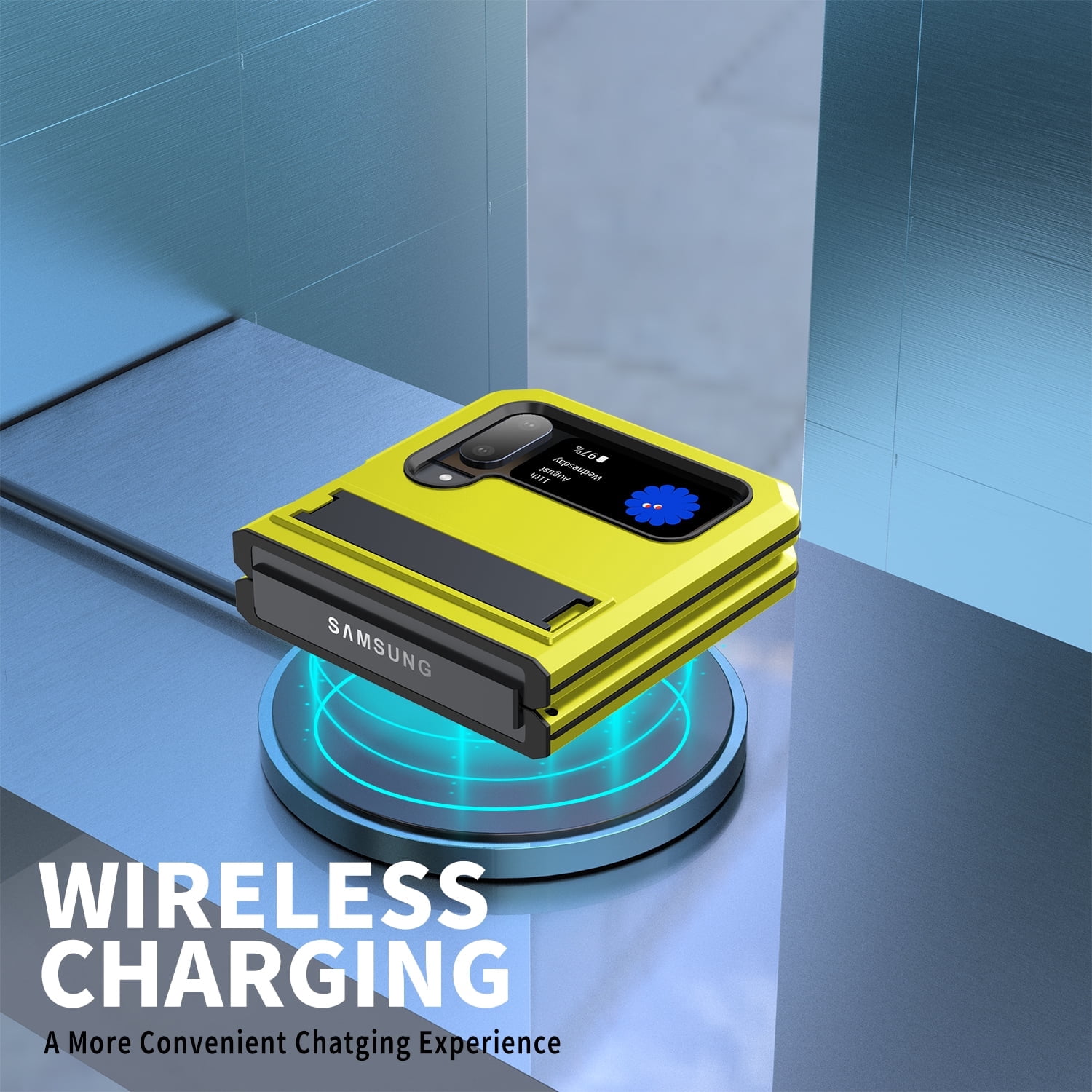 ELEHOLD for Samsung Galaxy Z Flip 4/3 6.7" Case, Heavy Duty Armor Built-in Explosion-Proof Tempered Glass Screen Protector Wireless Charging Hang Rope Hidden Kickstand Shockproof Rugged Case,Yellow