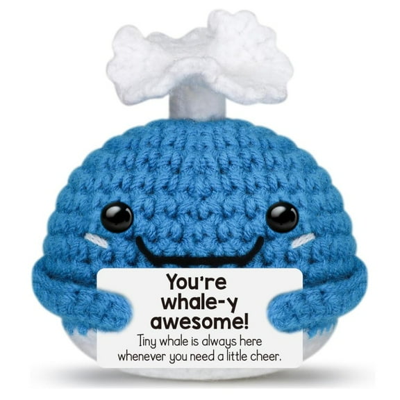 Handmade Emotional Support Whale, Positive Crochet Doll with Card, Inspirational Small Handmade Knitted, Funny Gift for Women Men Birthday Friends Coworkers, Office Decor
