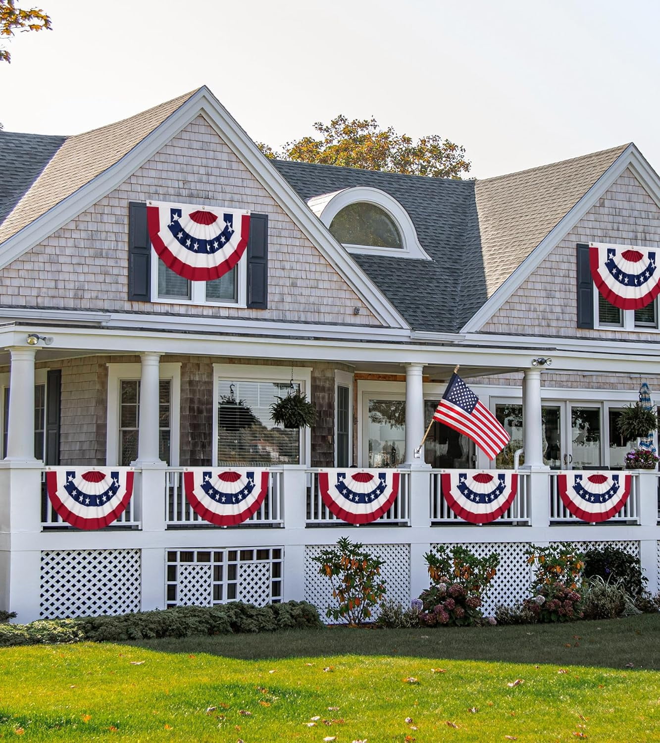1.5x3 Ft American Flag Bunting Flags Outdoor, 6 Pack Patriotic Bunting Outdoor Red White and Blue Bunting, USA Pleated Fan Flag Half Fan Banner for Outside Home 4th of July Decorations
