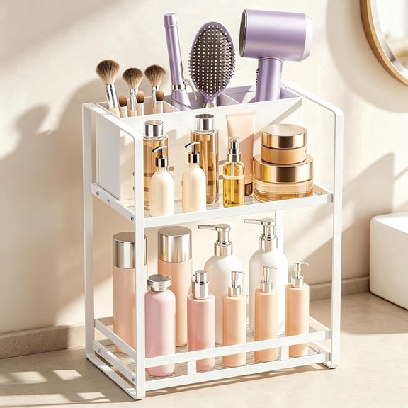 Hair Tool Organizer Bathroom Countertop, 2-Tier Metal Bathroom Organizer with Blow Dryer Holder, Large Capacity Space-Saving Vanity Shelf for Perfume, Skincare and Makeup Storage
