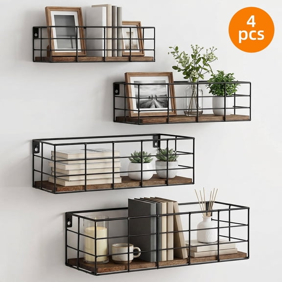 Fairy 4 Sets Floating Wall Mounted Shelves, 4 Size Dark Brown Wood Storage Shelf with Black Metal Wire Fence for Bathroom, Living Room, Bedroom and Kitchen