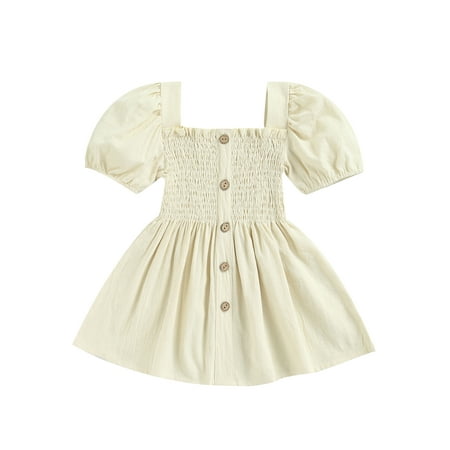 

wybzd Toddler Baby Girl Summer Clothes Short Sleeve Buttons Dress Infant Girl Vintage Dress Apricot 2-3 Years