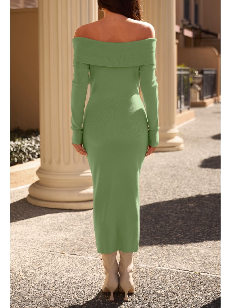 off the shoulder green sweater dress MEROKEETY Womens Fall Winter Dresses for Women Formal Long Sleeve Bodycon Midi Dress, L FB