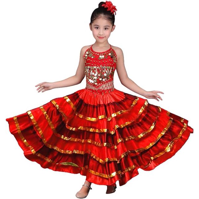 Falda flamenca española para niñas, disfraz de bailarina del vientre gitana, rojo, 360 grados, 140-150CM
