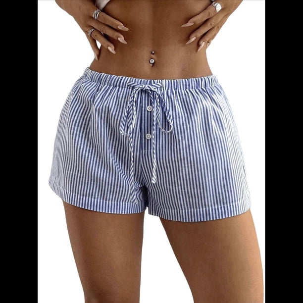 Pantalones Cortos de Playa de Verano con Cintura con Cordón y Estampado de Rayas para Mujer. Rayas Azules S