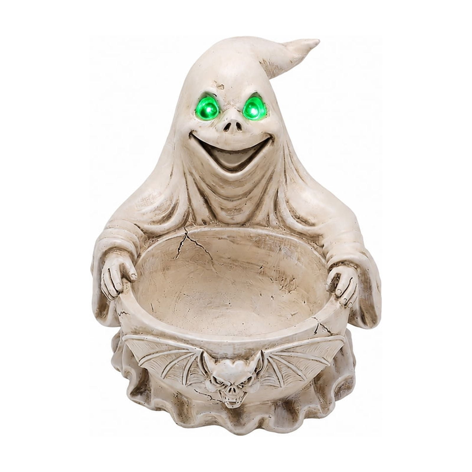 Halloween Ghost Candy Bowl with LED Glowing Eyes Resin Tabletop Decor Bat Design