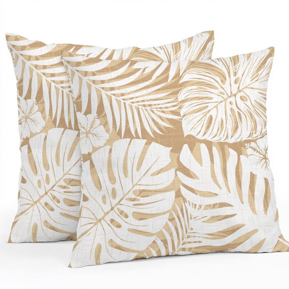 Throw Pillow Covers 20x20 Inch Set of 2, Palm Tree Monstera Waterproof Outdoor Pillow Covers, Cream Beige Leaf Boho Botanical Tropical Decorative Cushion Pillowcases for Patio Garden Couch Bed