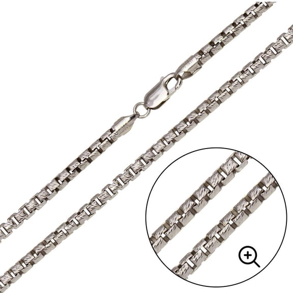 Rhodium Plated 925 Sterling Silver Diamond-Cut Pave Round Box Chains 3.9mm Italy 24" Jewelry Female