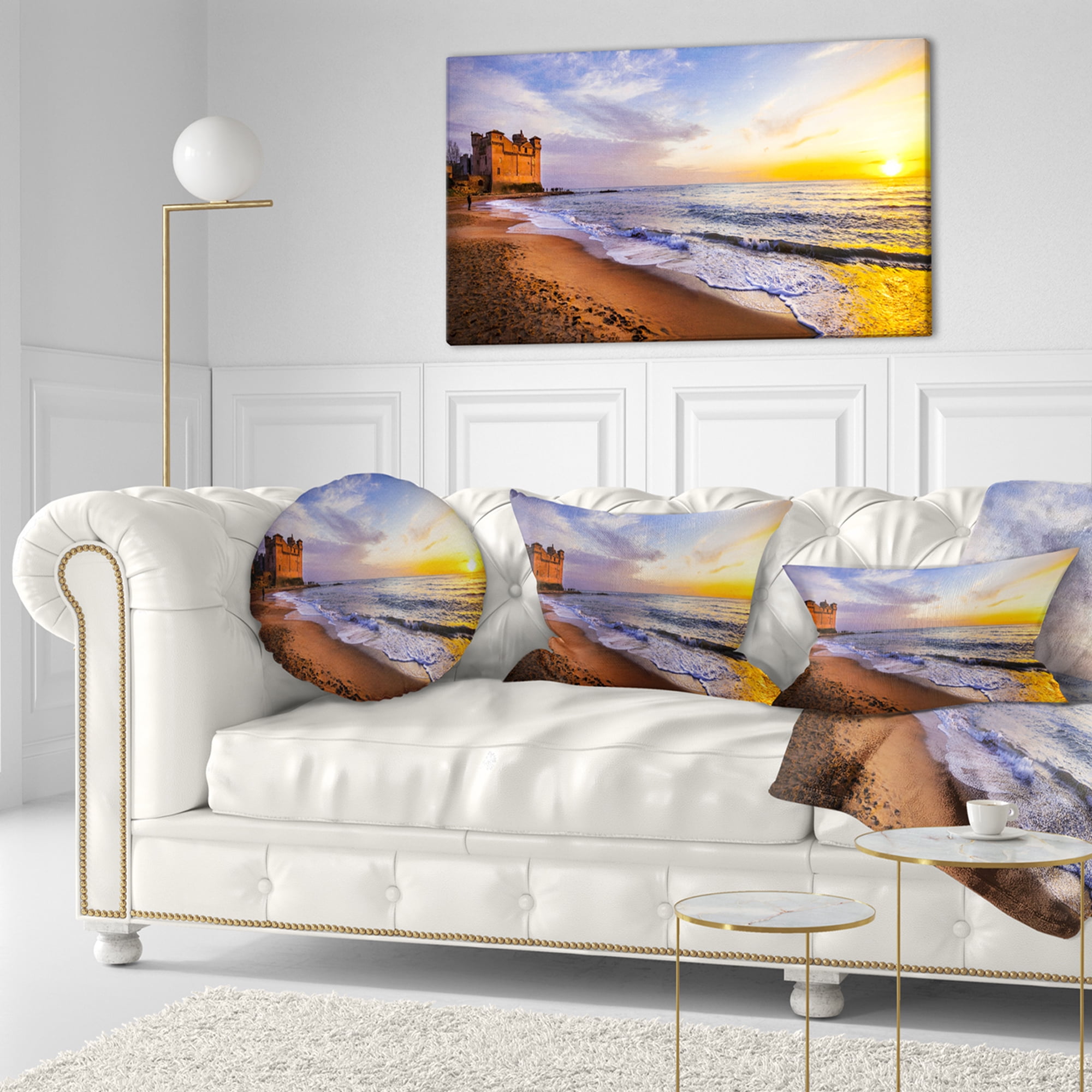Designart Castle Santa Severa over Sunset Italy - Seashore Throw Pillow - 12x20