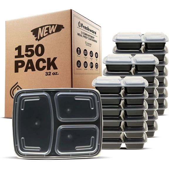 Freshware Meal Prep Containers [150 Pack] 3 Compartment with Lids, Food Containers, Lunch Box, Stackable, Bento Box, Microwave/Dishwasher Safe (32 oz)