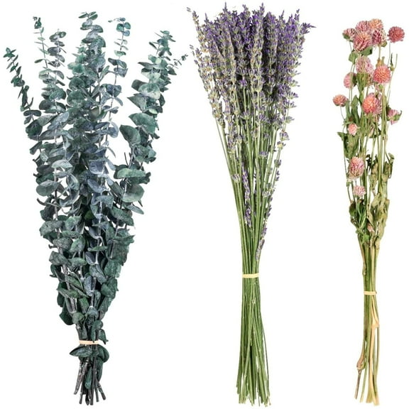 Topboutique Dried Eucalyptus Lavender Gomphrena Globosa Bouquet,Dried Lavender Eucalyptus Plant for Shower,Hanging Eucalyptus Stems for Spa,Shower,Home Decor,Wedding Flowers Arrangement,45 Pcs