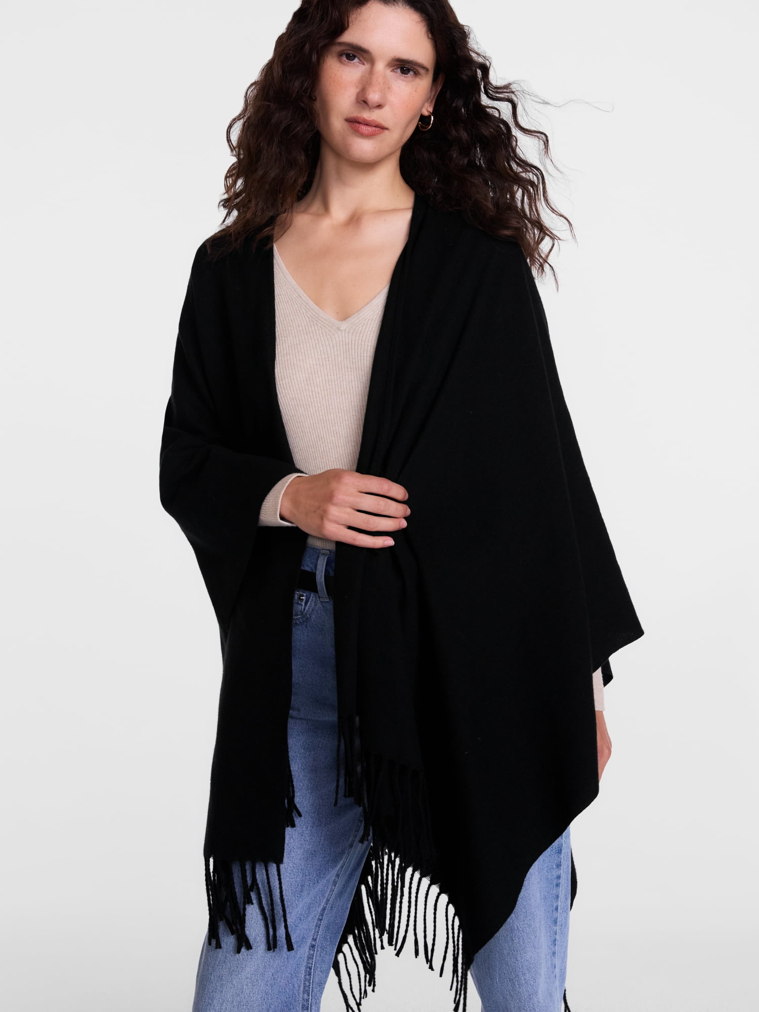 Scenario Women's Fringe Ruana, Mid-weight, Black Soot