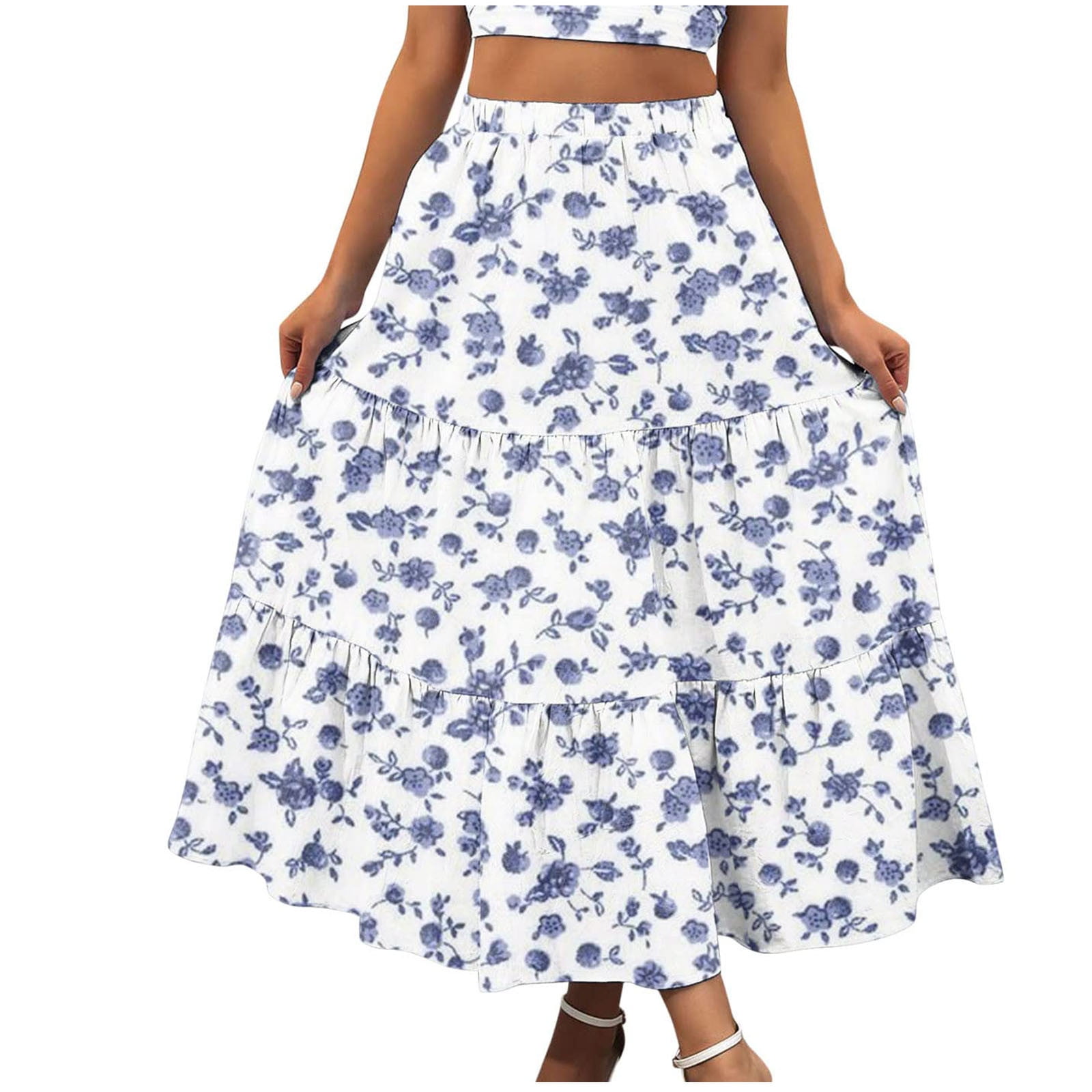 Boho Skirt for Womens Elastic High Waisted Floral Print Ruffle Tiered