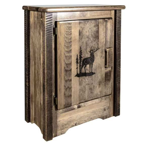 Homestead Collection Accent Cabinet w/ Laser Engraved Elk Design, Left Hinged, Stain & Clear Lacquer Finish