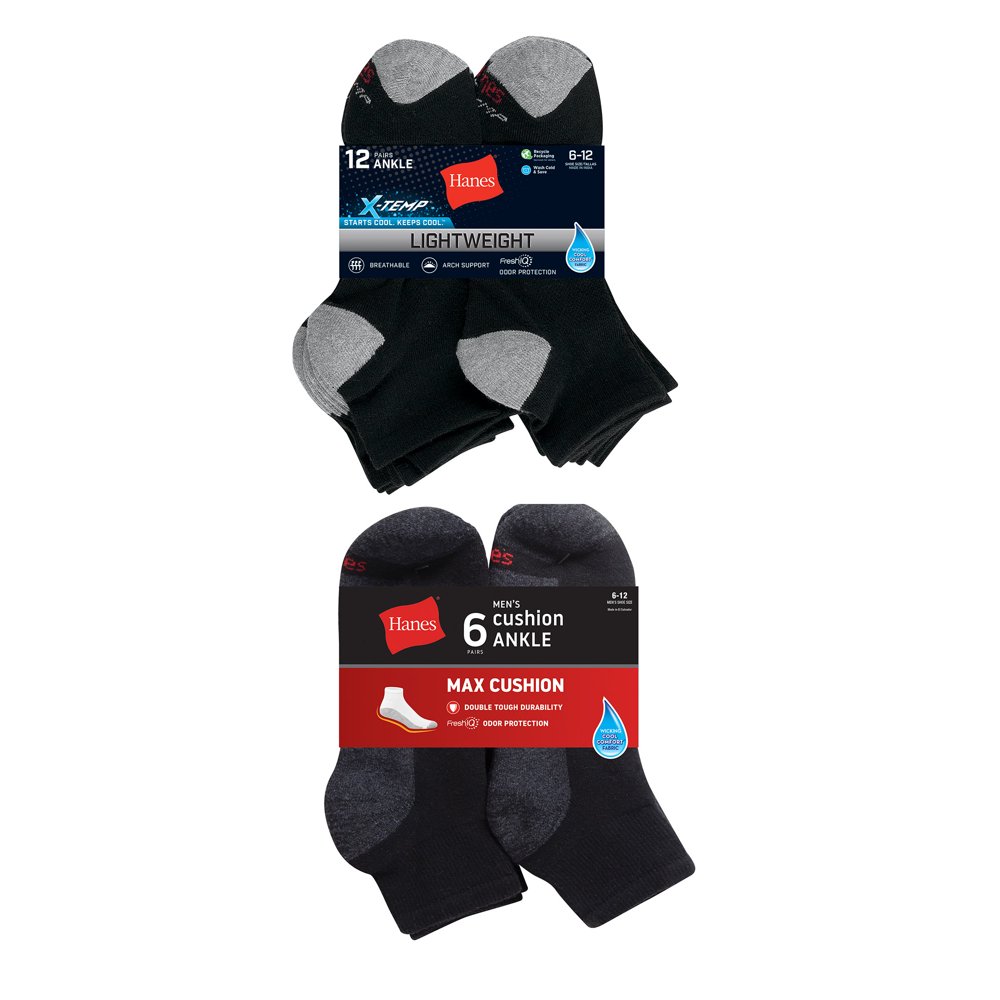 Hanes Hanes Men’s Max Cushion and XTemp Lightweight Ankle Socks, 6