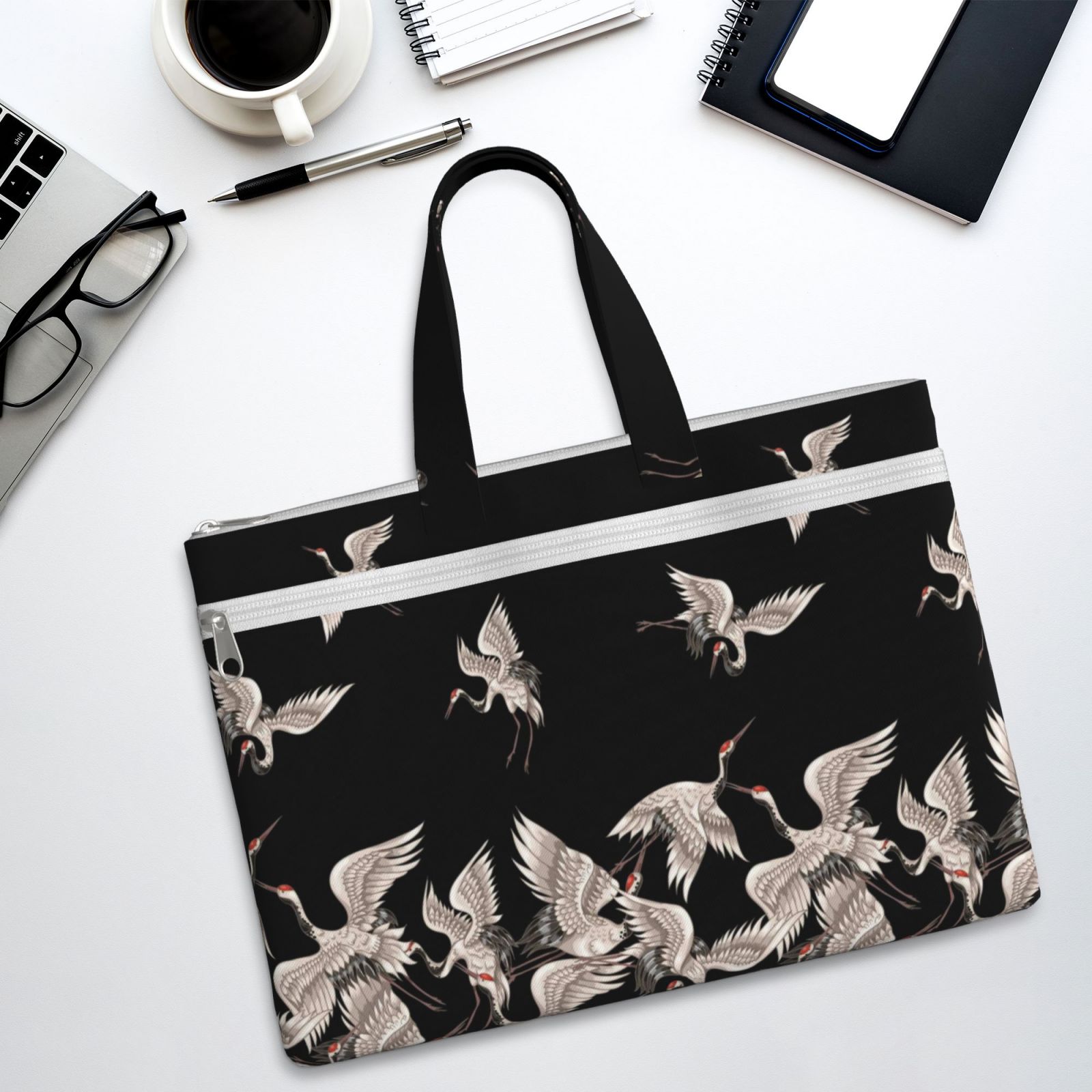 Kdxio Japanese White Crane File Tote Document Bag Business Briefcase Bag Document Organizer Tote Briefcase for Letter A4 Files Business Teacher Office Bag