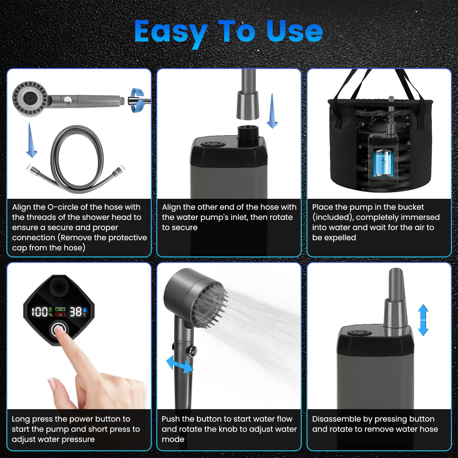 Moclever Portable Camping Shower, IPX7 Waterproof 6000mAh Rechargeable Shower Pump, Shower Head, 5.3Gallon Foldable Bucket, Black