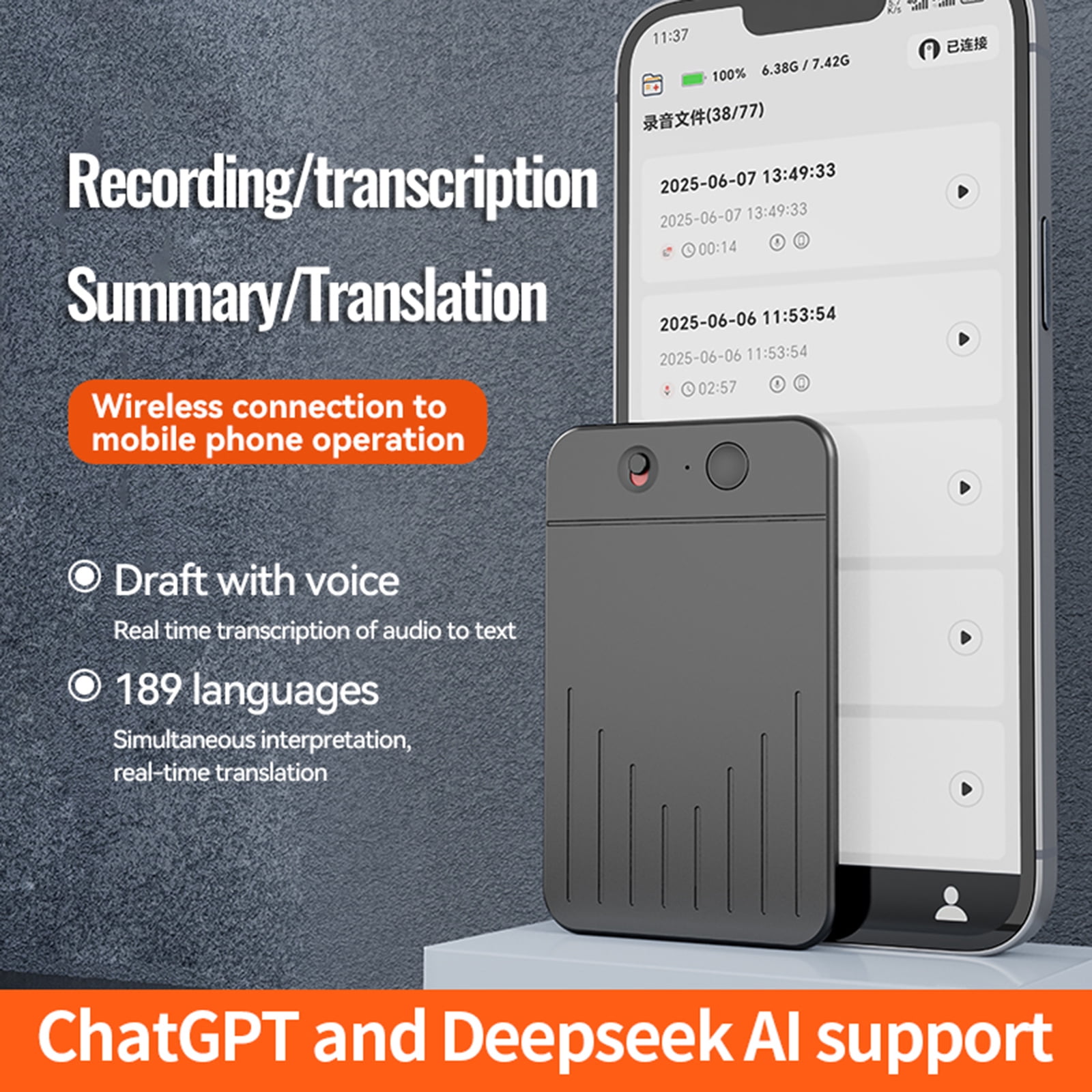 HUISZJ Audio Recorder, APP Control AI Notetaking Device Transcribe & Summarization with ChatGPT Sound Recorder, AI Voice Recorder (32GB)