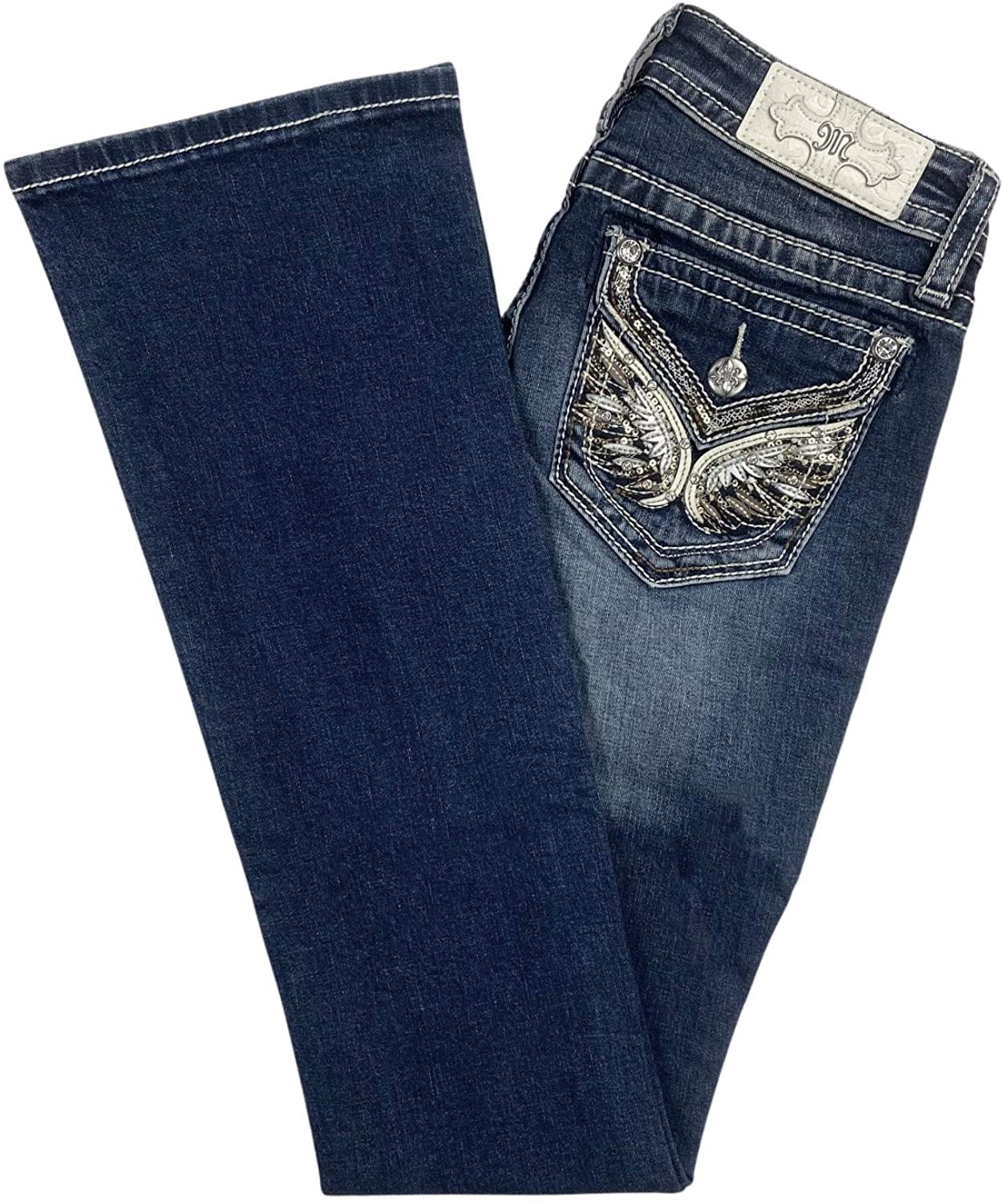 Miss Me Womens Embellished Angel Wings Faux Flap Pocket Denim Jeans