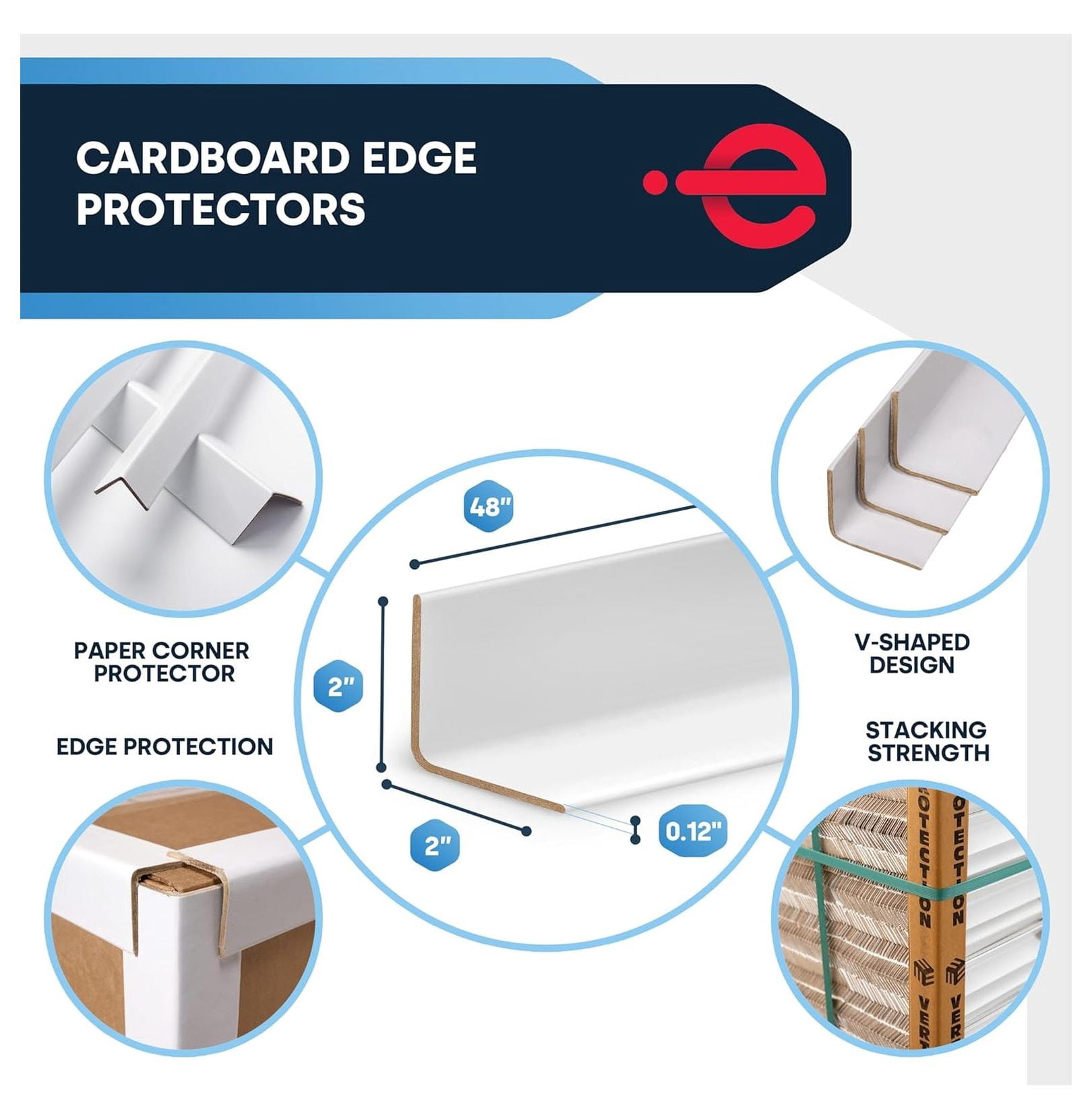 Cardboard Edge Protectors for Shipping - 2"W x 2"D x "L, Light Duty .120 ga, Pallet Corner Protectors, Angle Boards, White, 50/Pack