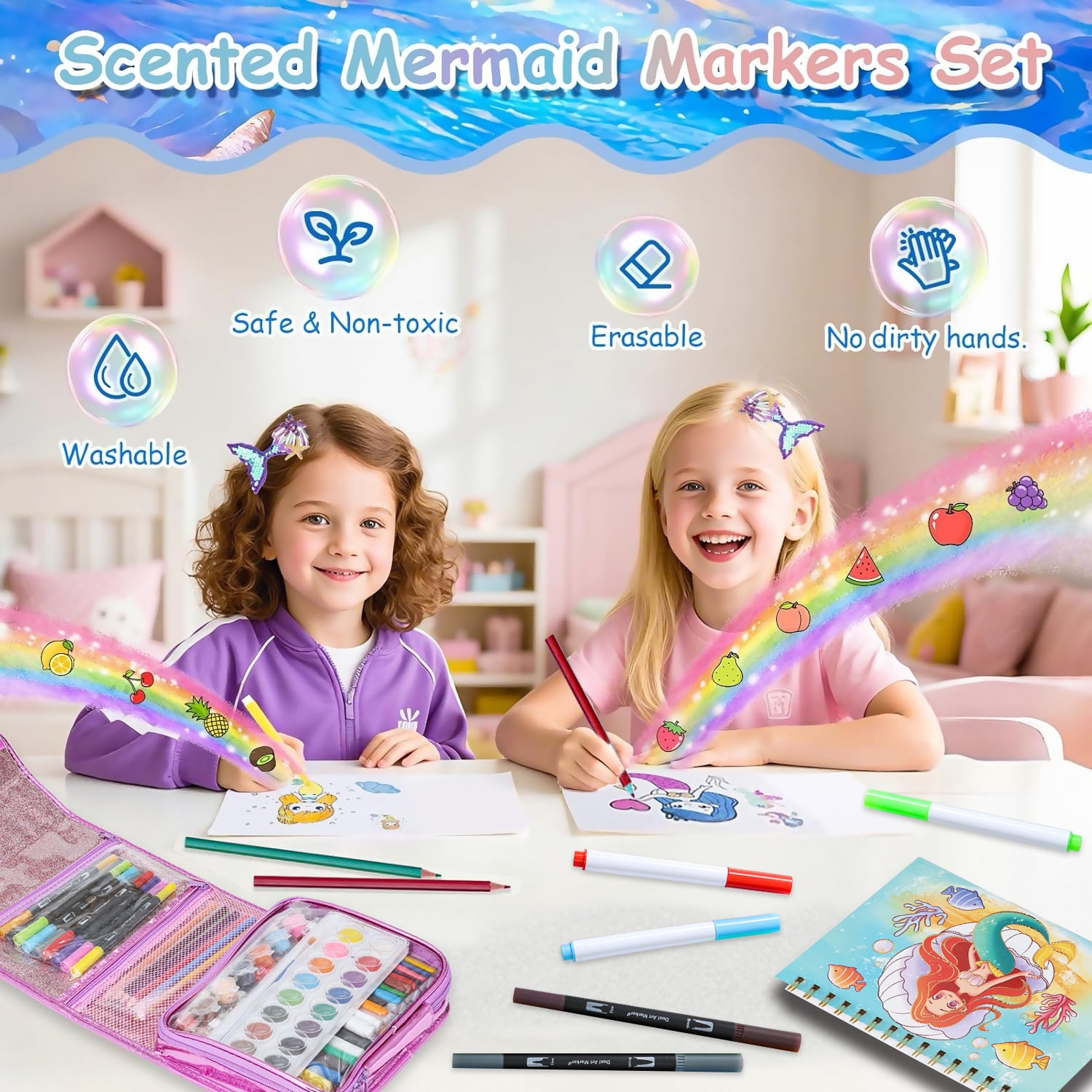 Aijohnny Mermaid Art Set,Washable Scented Markers Kit with Stickers,Glitter Pencil Case,Glitter Pens & Crayons,Birthday Gifts for 3-5 8-12 Year Old