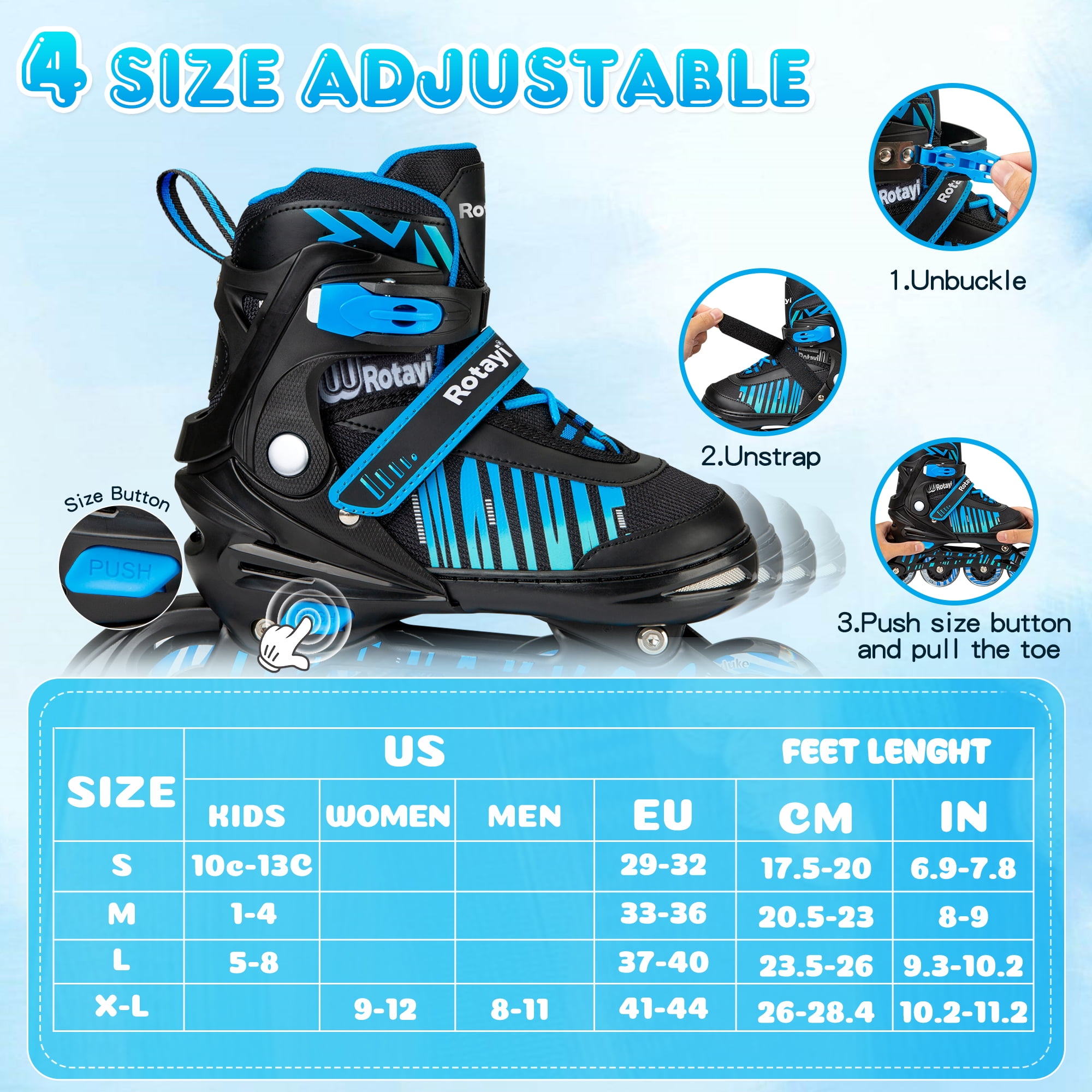 TaroKitc Adjustable Inline Skates for Kids and Adult, Girls, Boys with All Light up Wheels, Blue(Size 10C-13C)