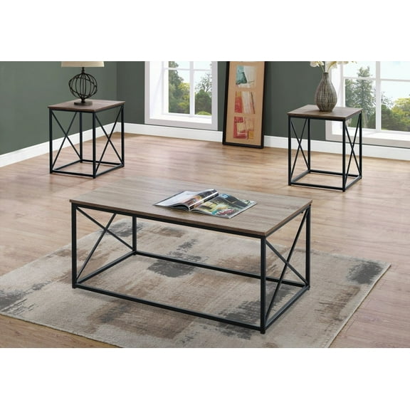 Table Set - 3pcs for Living Room: Coffee & 2 End Tables, Brown Laminate, Black Metal, Contemporary