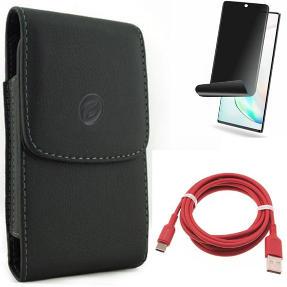 Case Belt Clip & 6ft USB-C Cable & Privacy Screen Protector for Samsung Galaxy Note 20 (6.7") - Combo with Leather Holster & Red Charger Cord & TPU Film Anti-Peep