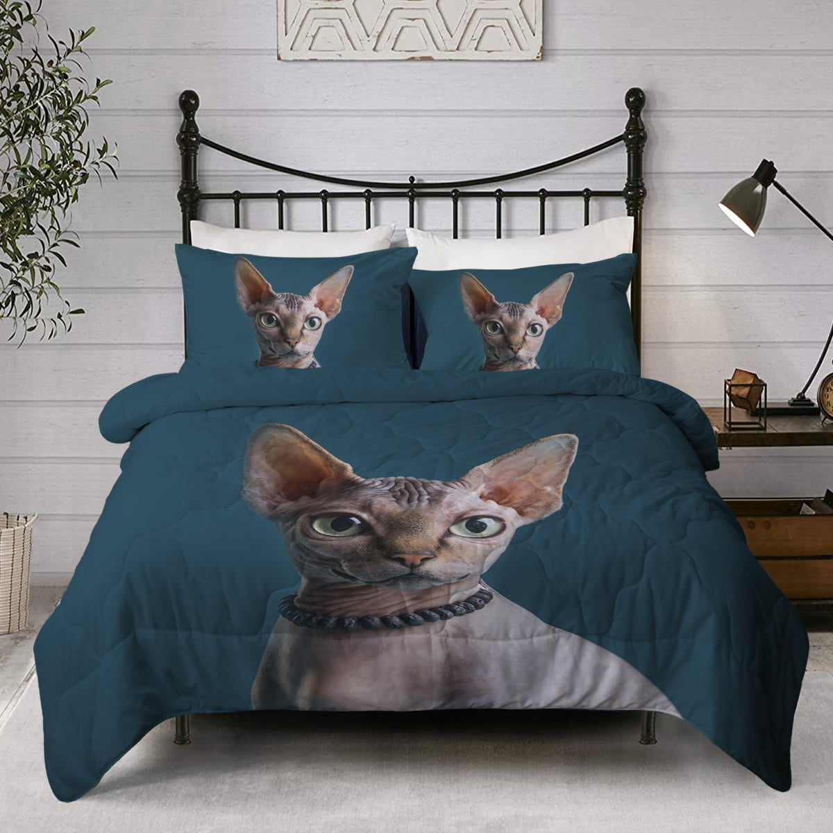 Blessliving 3pcs Cat Comforter Set Blue Bedding Set King Size Gift for