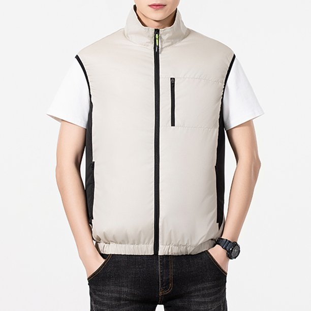 Camiseta sin mangas con cuello alto para hombre, color liso, a la moda, con parches, bolsillos y cremallera, blusa de poliéster con cuello alto para hombre.