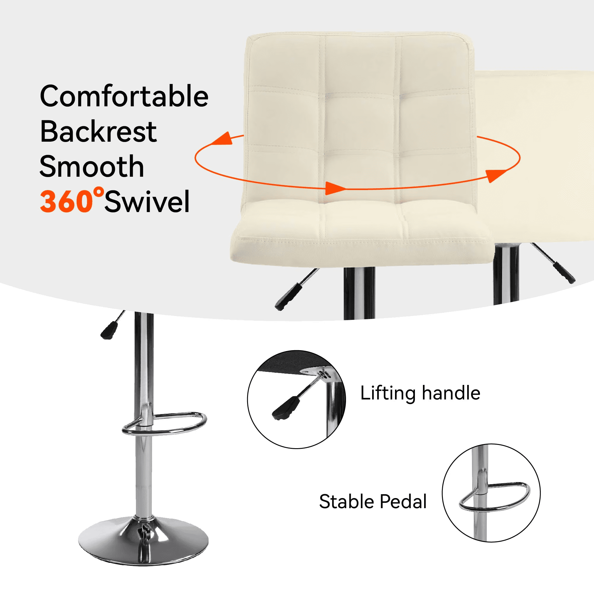 Bar Stools Set of 2 Adjustable PU Leather Swivel Barstools,Counter Height Barstools for Bar, Kitchen Modern Counter Stools with Back and Footrest, Beige