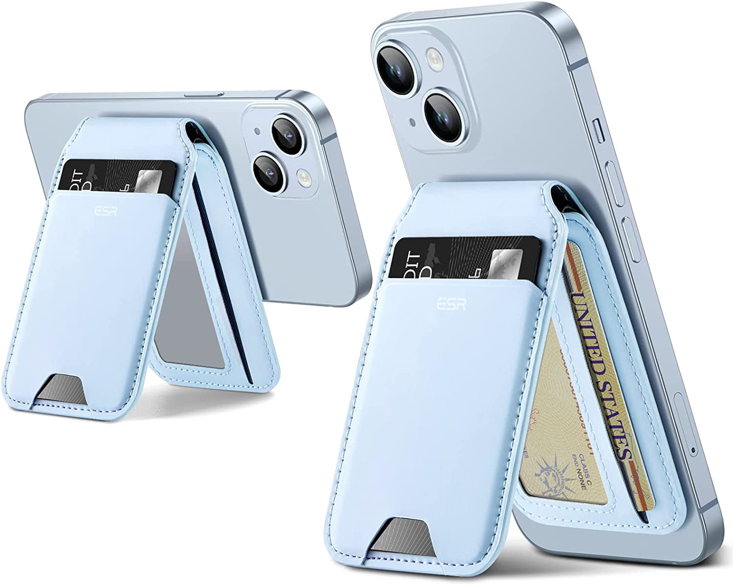 MHAWBL-Magnetic Wallet, Compatible with MagSafe Wallet with Adjustable Stand, for iPhone 17e/17/16/15/14/13/12 Series, Not for iPhone 13/12 mini, 3 Card Holder, Vegan Leather, Blue