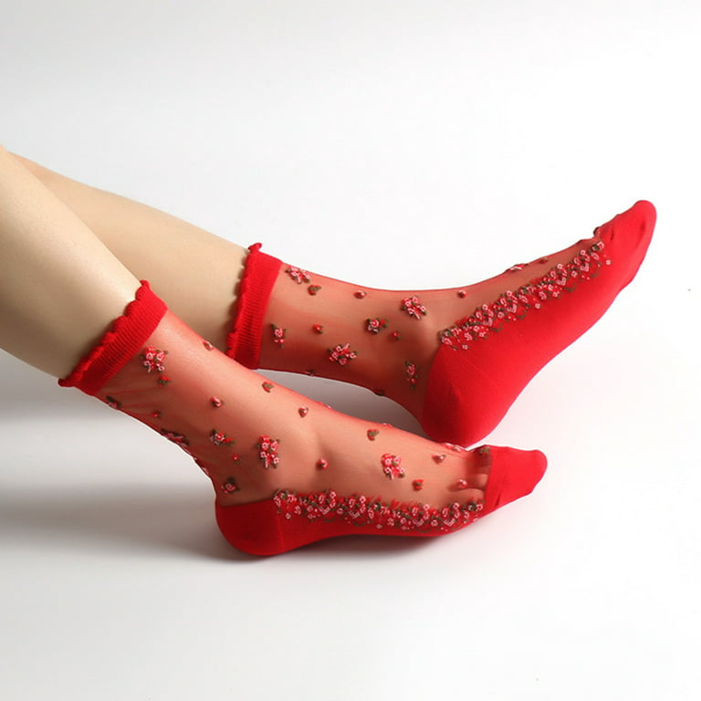 Women Sheer Sock Elastic Lace Mesh Sock, See Through Sheer Everyday Ankle  Socks Red