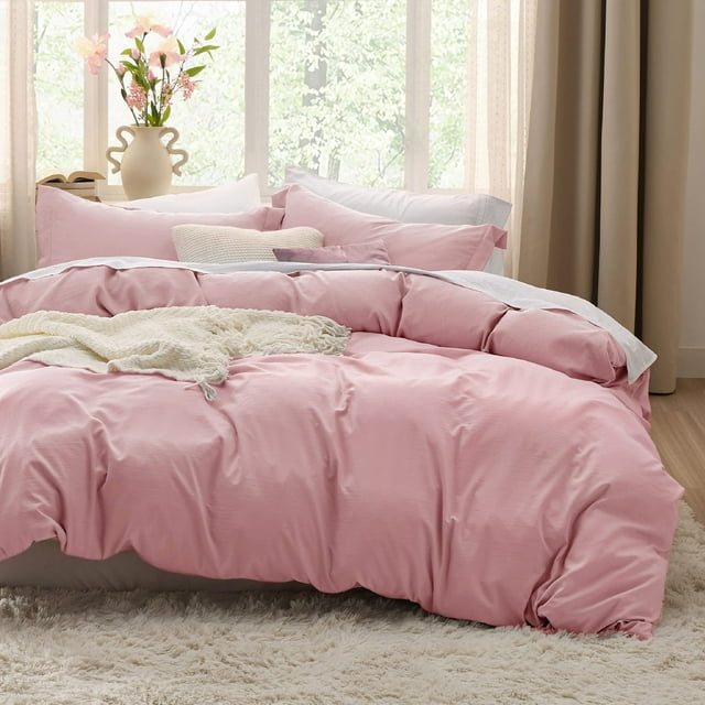 Juego de fundas de edredón Bedsure, color rosa, tamaño queen, 3 piezas, prelavadas