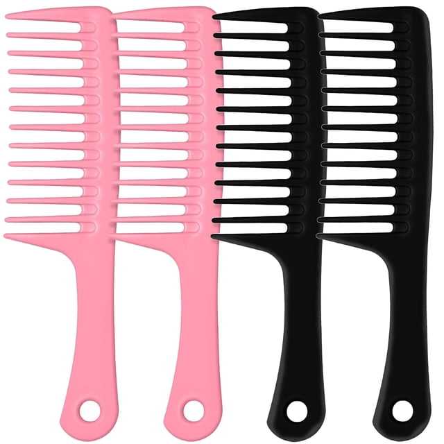 OPALESQUE 4PCS Wide Tooth Comb, Large Hair Detangling Comb Styling Comb for Curly, Wet, Long Hair with Handgrip (Black & Pink)