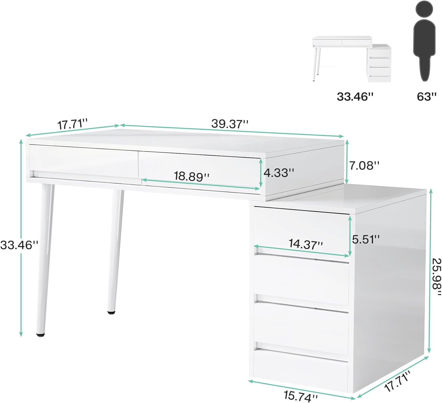 Finmind White Desk with 5 Drawers, Modern Home Office Desk with Storage Drawers and Printer Stand, Reversible Computer Desk Vanity Desk for Bedroom, Living Room