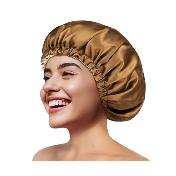 wonima11 Silky Satin Bonnet for Sleeping, Hair Bonnet for Women and Men, Adjustable Sleep Bonnet for Curly Hair, Dark Tan, Large