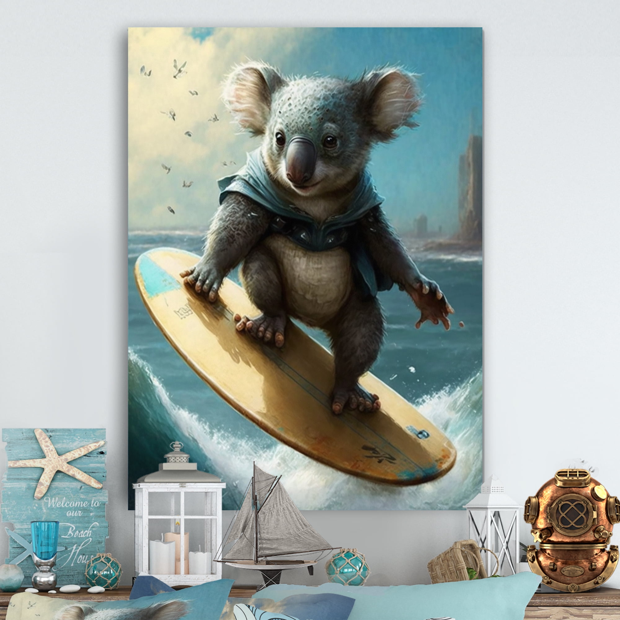 Designart Koala Surfing I Canvas Wall Art