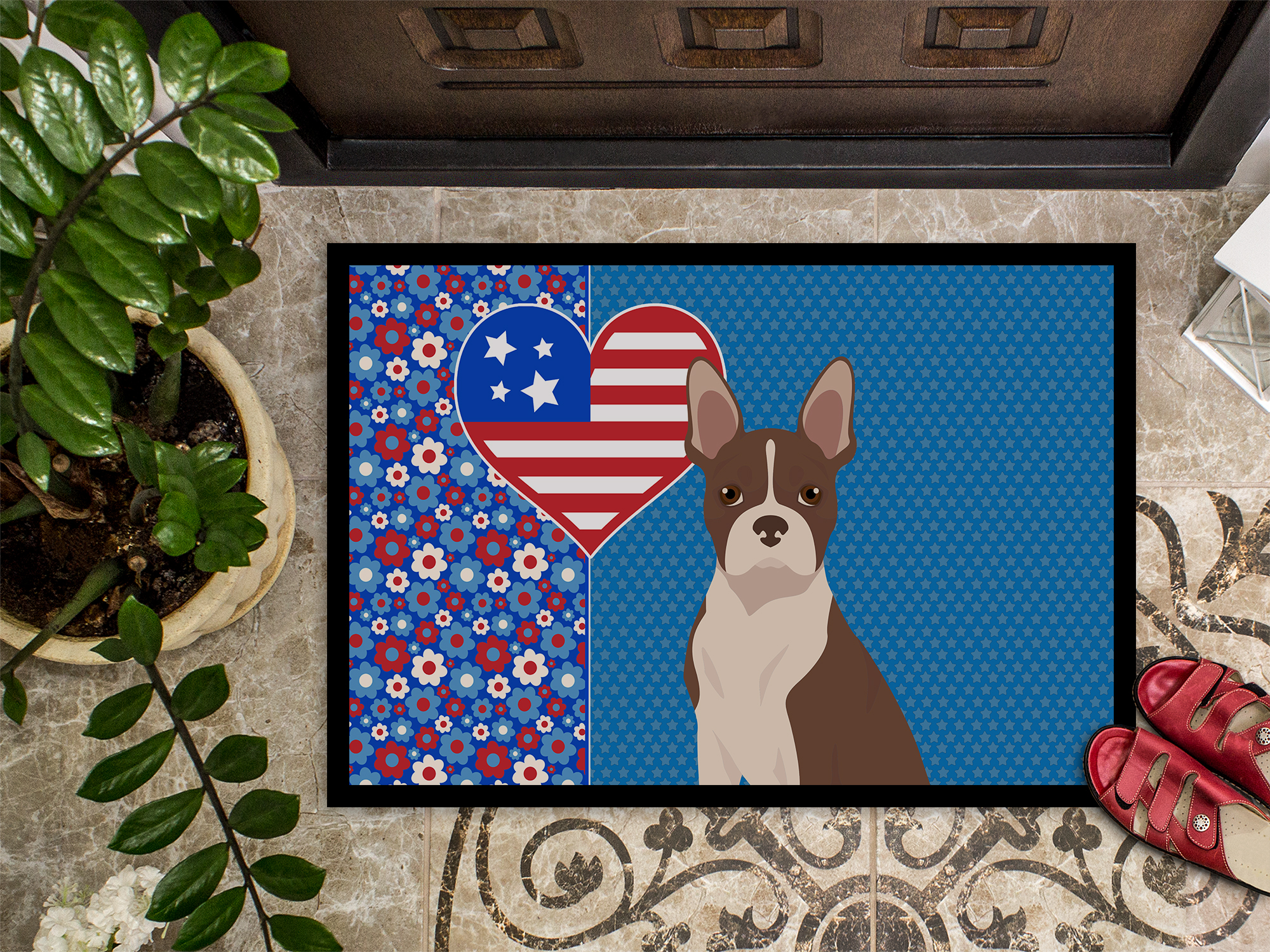 Red Boston Terrier Indoor or Outdoor Mat 24x36 36 in x 24 in