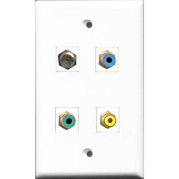 RiteAV 1 Port RCA Yellow and 1 Port RCA Green and 1 Port RCA Blue and 1 Port Coax Cable TV- F-Type Wall Plate