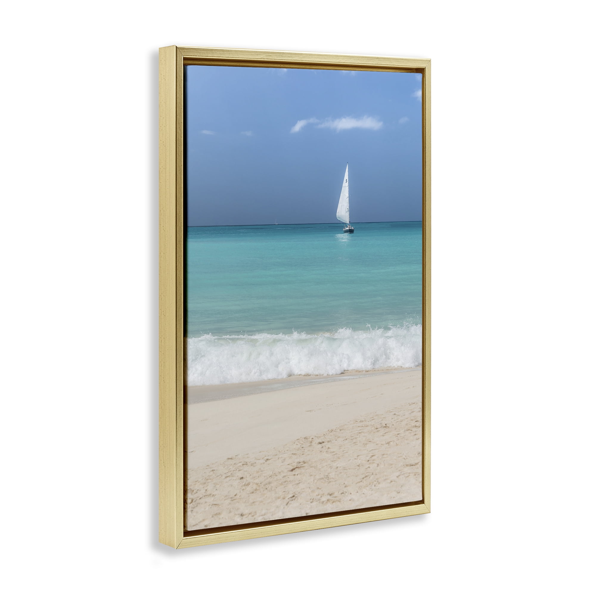 Stupell Industries Lone Sailboat Beach Tide Nautical & Beach Photography Gold Floater Framed Canvas Art Print Wall Art, 17 x 25