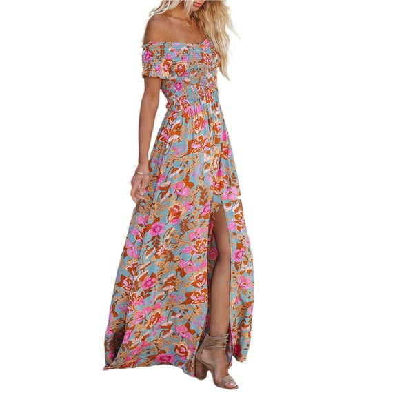 Seyurigaoka Women's Off Shoulder Wrap Dress, Bohemian Short Sleeve Floral Print Long Beach Dress A-Line Split Long Dress