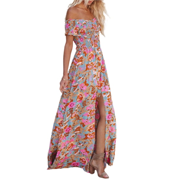 VISgogo Vestido cruzado con hombros descubiertos para mujer, vestido largo de playa bohemio de manga corta con estampado floral VISgogo moda
