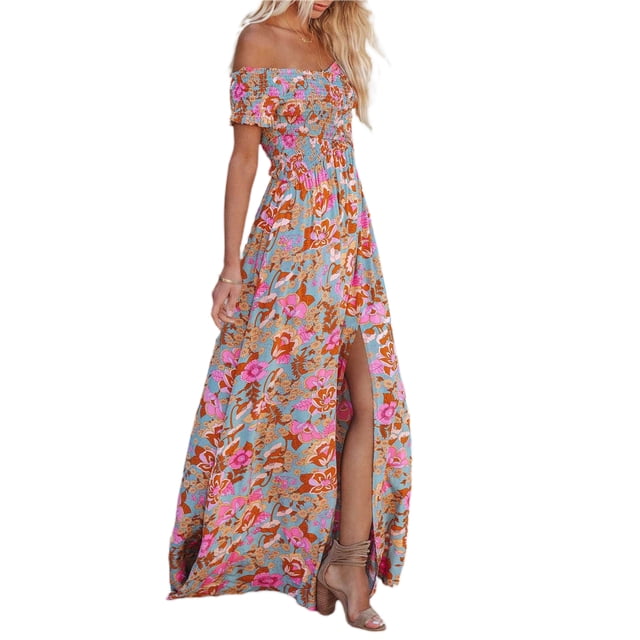 VISgogo Vestido cruzado con hombros descubiertos para mujer, vestido largo de playa bohemio de manga corta con estampado floral VISgogo moda