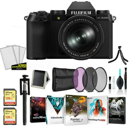 FUJIFILM X-S20 Mirrorless Camera with 18-55mm Lens (Black) 16782038 with 2x 128GB Memory Cards
