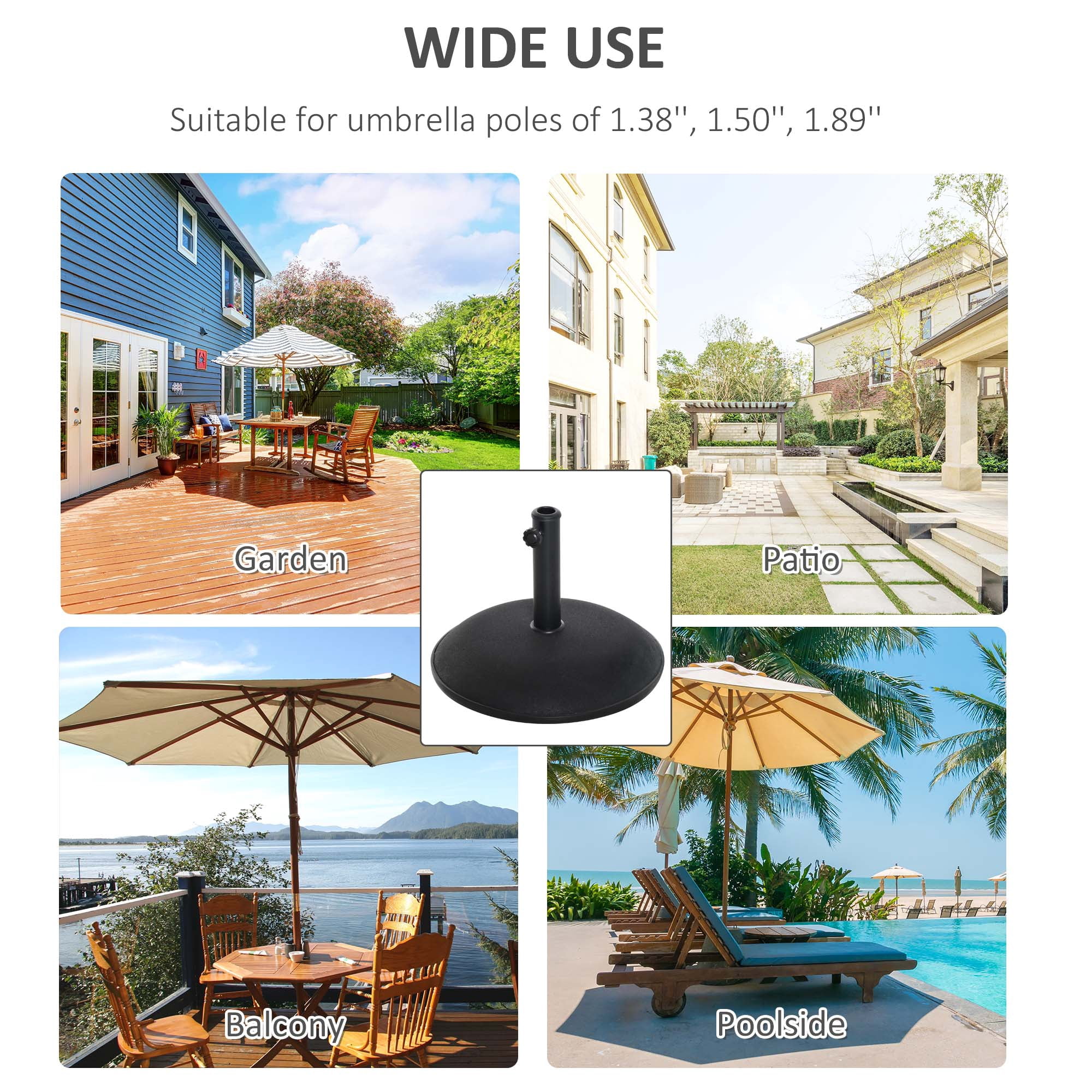 Outsunny 20" 55 lbs Round Cement Umbrella Base Stand Market Parasol Holder with Tightening Knob for Φ1.3" Φ1.5" Φ1.9" Pole for Lawn Backyard Black