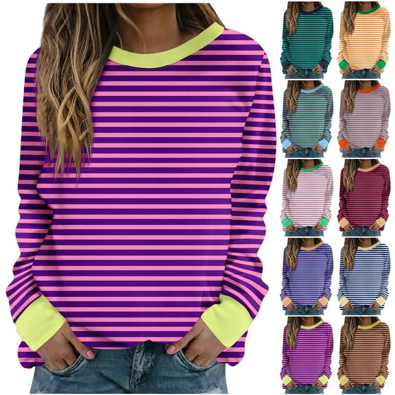DDAPJ pyju Womens Long Sleeve Striped Shirts Trendy Casual Fall T-Shirts Lightweight Crewneck Sweatshirt Ofertas Prime Light Blue S